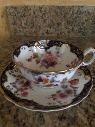 Vintage Scalloped Tea Cup And Saucer,  Cobalt Blue With Multi - Colored Flowers