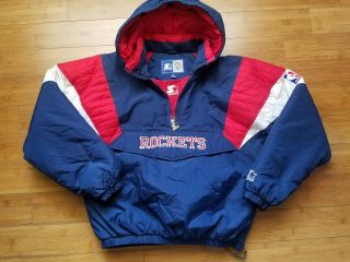 Vintage Mens Starter Houston Rockets 3/4 Pullover Jacket/parka Size Xl - Navy Blue