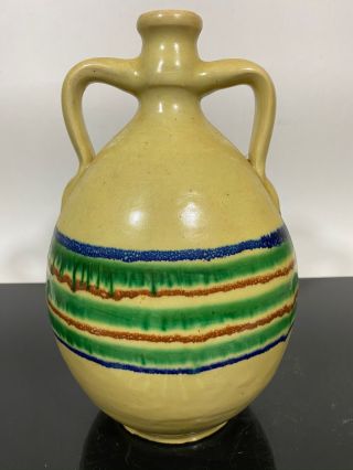 Vintage Glazed Art Pottery Pitcher Double Handle Jug Vase Water Vessel