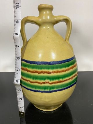 Vintage Glazed Art Pottery Pitcher Double Handle Jug Vase Water Vessel 2