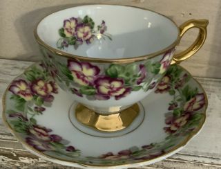 Royal Sealy China Purple And Yellow With Gold Trim Tea Cup And Saucer Plate