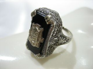 Estate Antique 14k Filigree White Gold Black Onyx Art Deco Sorority Ring