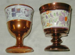 2 Old English Staffordshire Hand Painted Copper Luster Goblets,  Tea Leaf