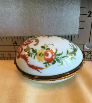 Limoges trinket box,  egg - shaped,  hinged,  hand painted floral,  metal trimmed 2