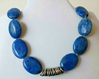Signed Vintage Art Deco Modernist Lapis Lazuli Sterling Necklace 16 
