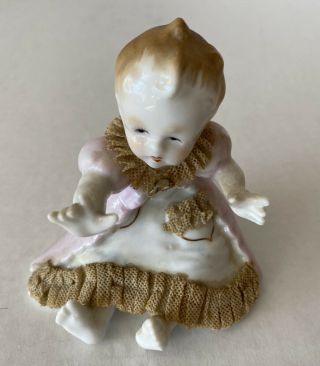 Vintage Porcelain Baby Figurine Fabric Lace Hand Painted Clay Craft Studio C1931