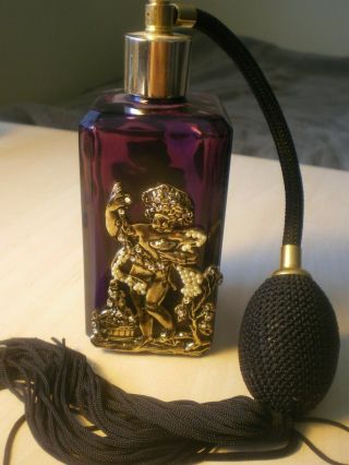 Vintage Perfume Bottle With Atomizer Purple Glass Metal Angel Art Deco