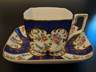 Unique Rectangular Ornate Demitasse Cup & Saucer Cobalt Blue Gold Trim Florals