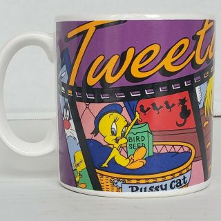 Vintage 1995 Looney Tunes Coffee Mug Cup Tweety Bird I Tawt I Taw A Puddy Tat