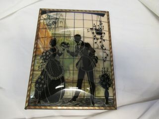 Vintage Convex Frame Reverse Painting On Glass Silhouette Victorian Couple