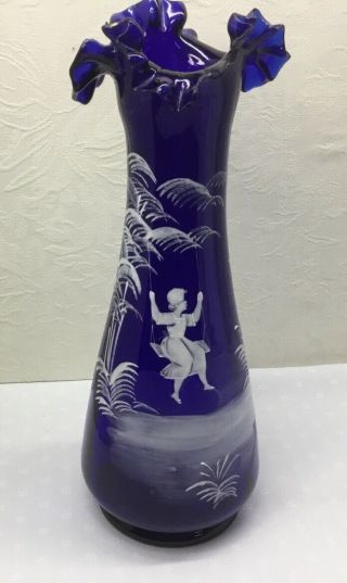Antique Cobalt Mary Gregory Glass Vase - Ruffled Top,  Girl In Swing,  Repaired Top