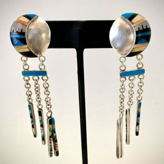 Vintage Zuni Native American Sterling Silver Multi Stone Inlay Dangle Earrings