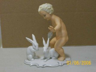 Schaubach Kunst Porcelain Nude Boy With Rabbits Figurine Exc Cond