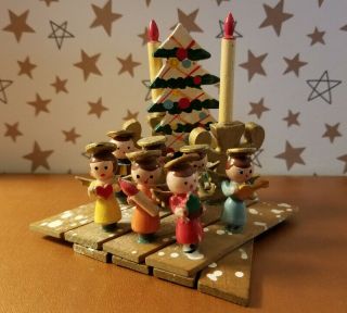 Old Wooden Toy Tiny Angels Group & Tree - Christmas Decoration - Marked Japan