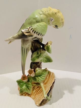 Vintage Parakeet Figurine Hand Painted 6” Porcelain Gloss Glaze Green