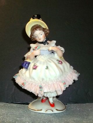 Vintage 5 Inch Dresden Germany Hand Painted Porcelain & Lace Figurine
