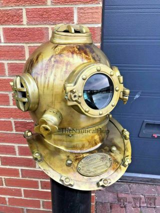 Vintage Boston Antique Brass Scuba Marine Diving Divers Helmet Us Navy Mark V