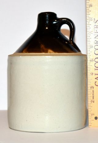 Antique Stoneware Whiskey Jug Two Tone Brown Salt Glazed Moonshine Jug 8.  5 " High