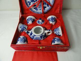 Chinese Porcelain Blue And White Tea Set With Markings Case