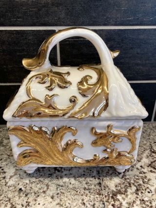 Vtg Porcelain Footed Hand Painted Gold Gilt Ivory Trinket Box Chest Large 10.  5 "