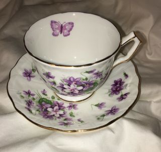 English Bone China Cup And Saucer.  Aynsley Violet With Butterfly.