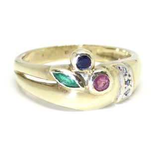 Vintage Ruby Emerald Sapphire & Diamond 9ct Gold 1991 Fancy Ring Size N