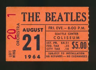 Beatles Vintage 1964 Seattle Center Coliseum Concert Ticket Stub Orange Version
