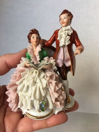 Antique Dresden Porcelain Lace Figurine Man And Woman Seated Reading Book 4 1/2”