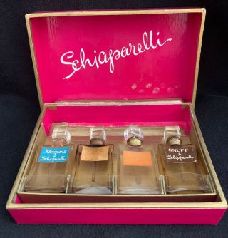 Rare Antique 1940s Schiaparelli 4 Perfume Bottles Set In The Box 2 1/2 In Tall