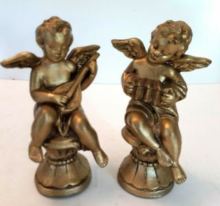 Unique Set 2 Gold Gilded Music Cherubs Angels 5.  5 " Figurines Sitting Victorian