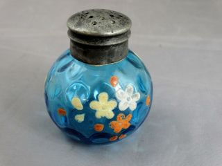 Antique Victorian Hand Enameled Floral Blue Glass Salt Shaker