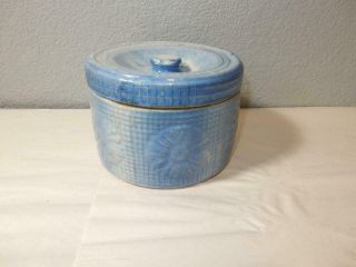 Antique Blue And White Stoneware Covered Butter Crock - Sunflower Decoration - Crack