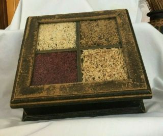 Old Primative Wooden Hinged 4 - Compartment Box W/ Dried Flower Filled Glass Top