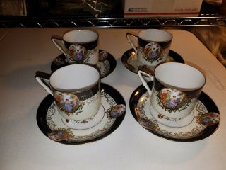 Four Matching Black Royal Halsey Footed Teacups W/saucers W Neoclassical Cameos