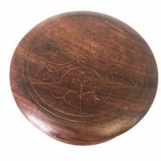 Vintage Hand Carved Sheesham Wood Trinket Box 2 " H X 5 " D Round W/lid India