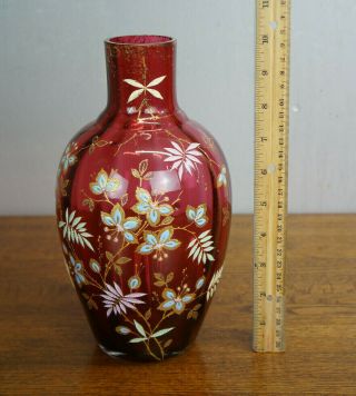 Antique Cranberry Red Glass Vase Bohemian Enameled Gilt Hand Painted