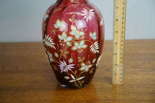 Antique Cranberry Red Glass Vase Bohemian Enameled Gilt Hand Painted 2