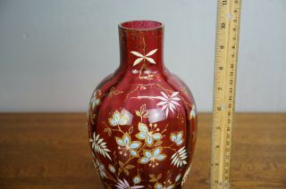 Antique Cranberry Red Glass Vase Bohemian Enameled Gilt Hand Painted 3