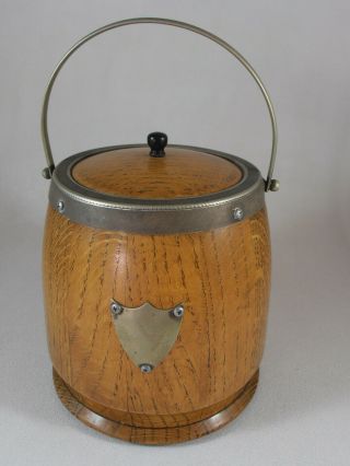 Antique Vintage English Oak Biscuit Jar Barrel Wood Porcelain Lined Cookie Epns