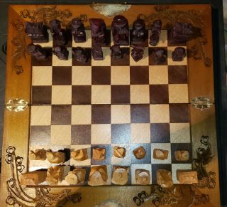 Vintage Antique Wooden Hand Carved Asian / Chinese Chess Set