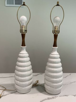 Vintage Danish Mid Century Modern Ceramic Walnut Table Lamps Set Of Two Pair