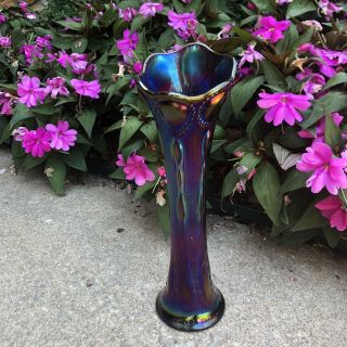Vintage Electric Imperial Carnival Glass Amethyst Beaded Bullseye Vase 12”x3 1/2