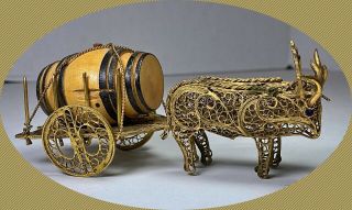 Antique Palais Royal Pair Oxen Cart Casket Dore Bronze Gold Gilt