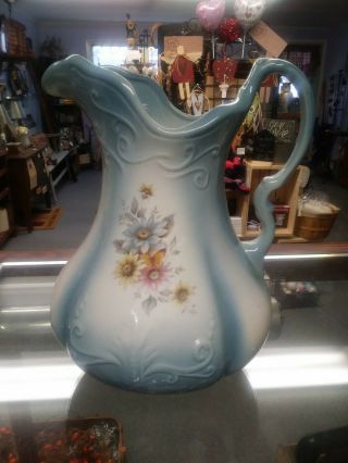 Ironstone Usa Vintage Pitcher Floral Blue White Large 11 1/2 " Tall