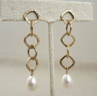 Modern 14k Gold Pearl Drop Earrings Textured Square Link Chain Dangly 5g Vtg Mod