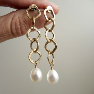 Modern 14k Gold Pearl Drop Earrings Textured Square Link Chain Dangly 5g Vtg Mod 2