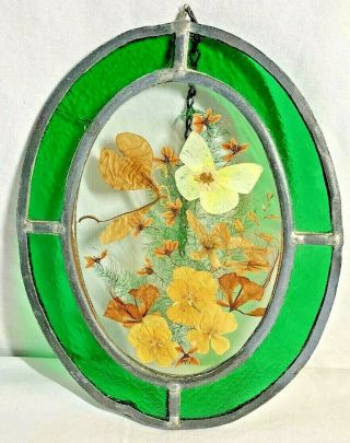 Vintage Leaded Stained Glass Oval Suncatcher Green Dried Flowers Sun Catcher 10”
