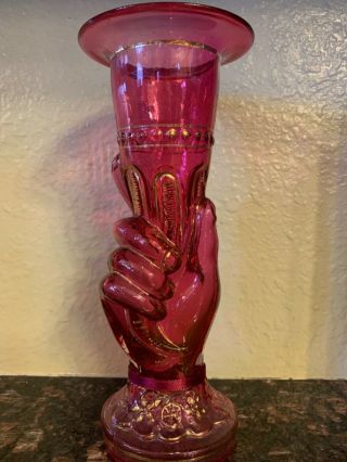 Antique Pink American Lady Liberty Hand Art Glass Vase Ruby Cranberry 1900s Rare