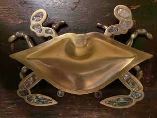 Vintage Mid Century Mexico Copper & Brass Abalone Inlaid Crab Dish Signed Rare