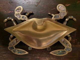VINTAGE MID CENTURY Mexico Copper & Brass Abalone Inlaid Crab Dish Signed Rare 3